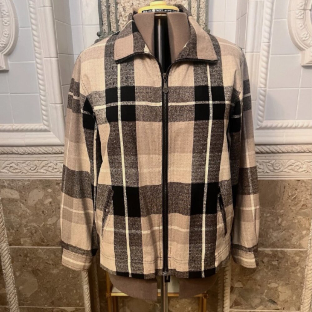 Vital Zone Silk Rayon Jacket. Sz Large Tan Black Plaid. Zip up. Textured. B115